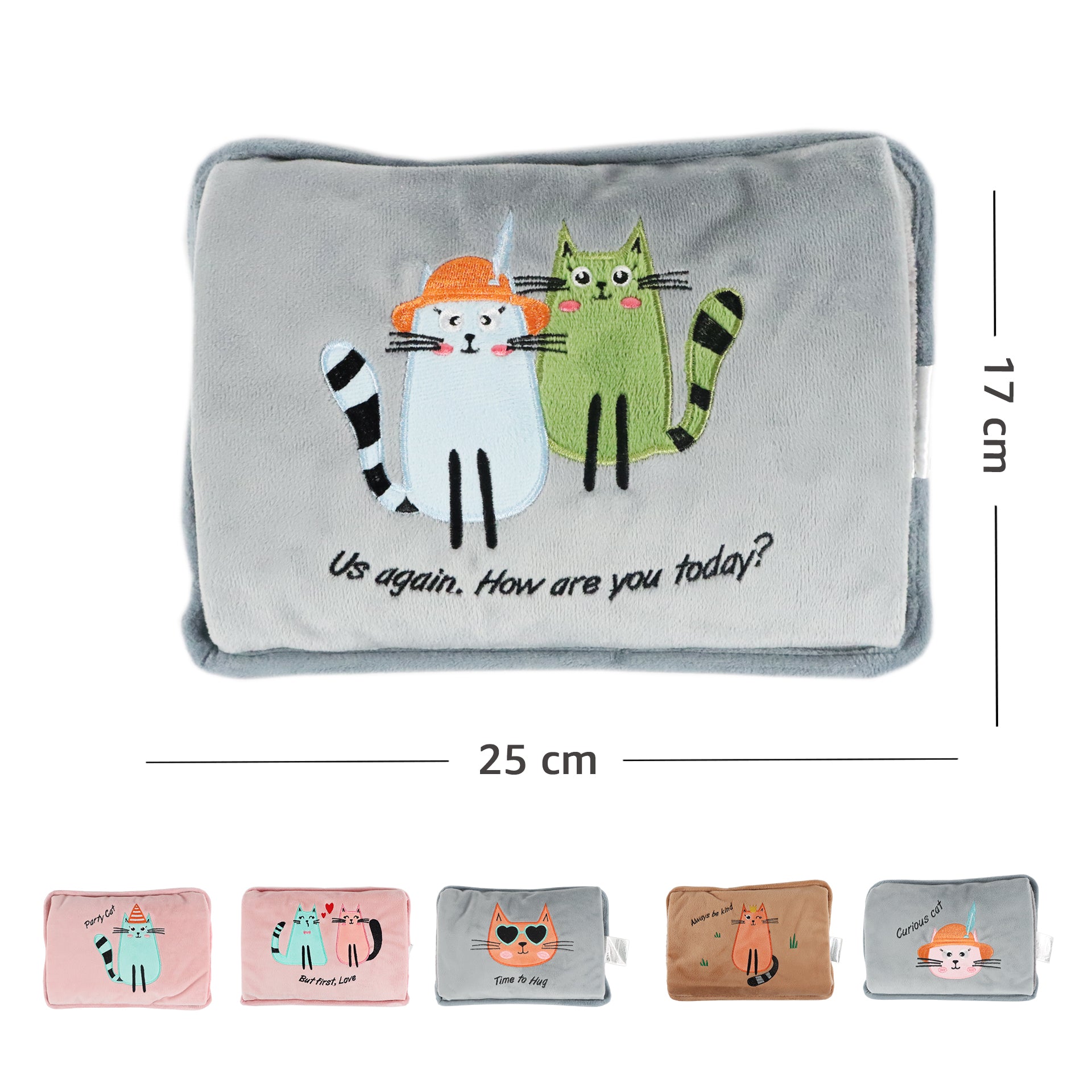 Biggdesign Cats Greeting Katze Elektrische Wärmflasche mit plüschigem Katzenmotiv, ideal für Wärme und Schmerzlinderung.